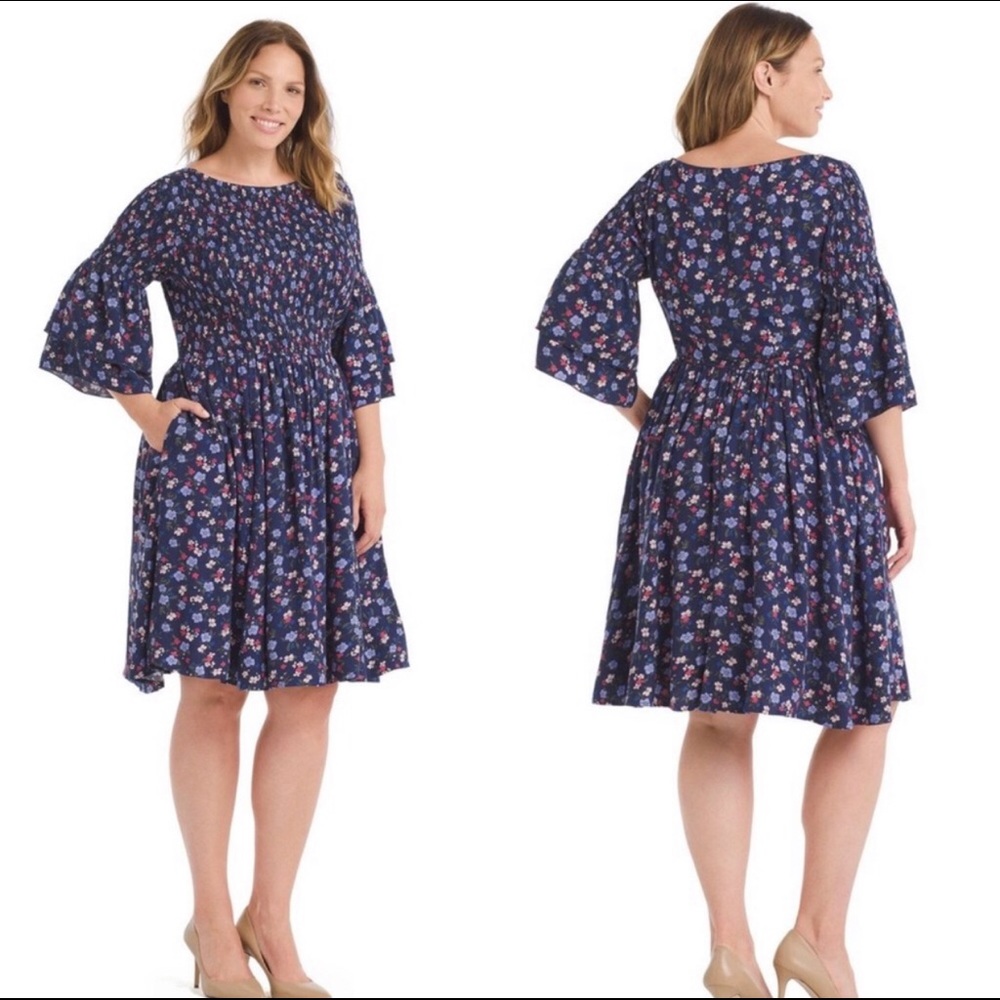 eShakti Bell Sleeve Floral Fit & Flare Dress 30W